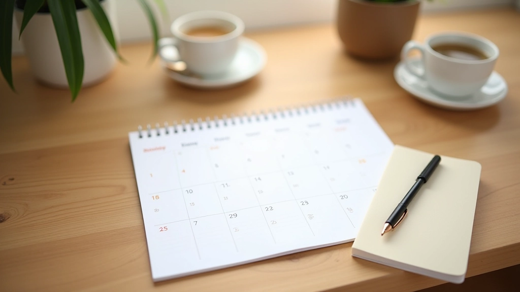 Calendário aberto num ambiente minimalista com xícara de chá, mostrando planeamento semanal